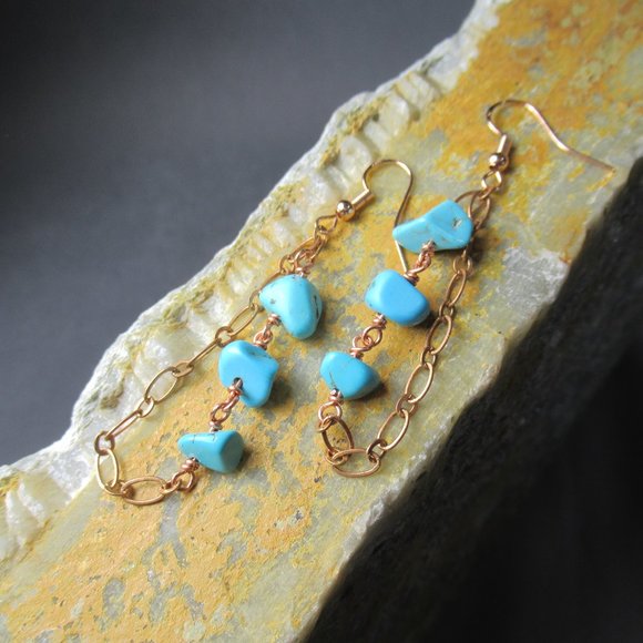 Turquoise Rain Chain Earrings, Sky Blue Turquoise on Copper - Picture 2 of 5